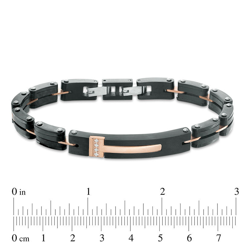 Main Image 3 of Men's 1/20 CT. T.W. Diamond Carbon fiber Link ID Bracelet in Stainless Steel and Black and Rose IP - 8.25"