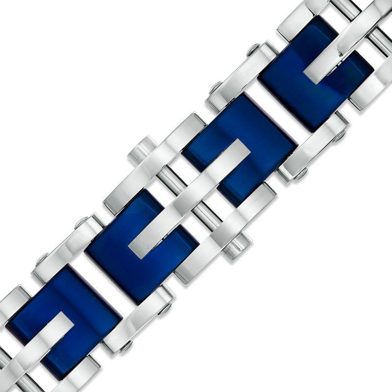 Main Image 1 of 10.0mm Triple Row Link Chain Bracelet in Stainless Steel and Blue IP - 8.5"