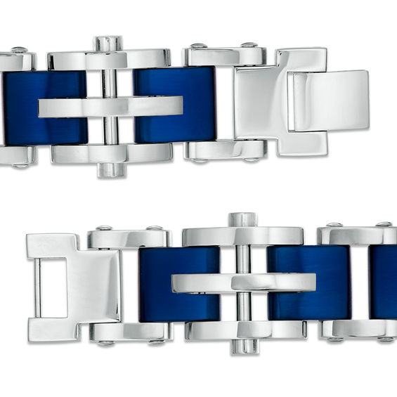 10.0mm Triple Row Link Chain Bracelet in Stainless Steel and Blue IP - 8.5"