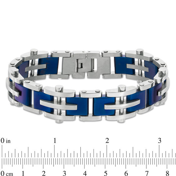 10.0mm Triple Row Link Chain Bracelet in Stainless Steel and Blue IP - 8.5"
