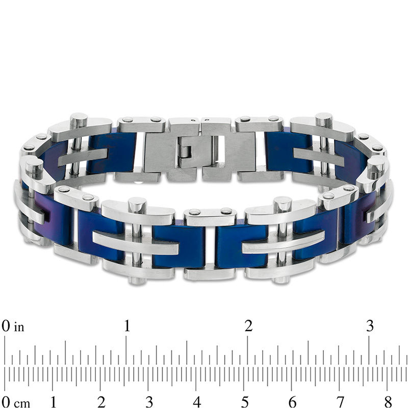 Main Image 3 of 10.0mm Triple Row Link Chain Bracelet in Stainless Steel and Blue IP - 8.5"