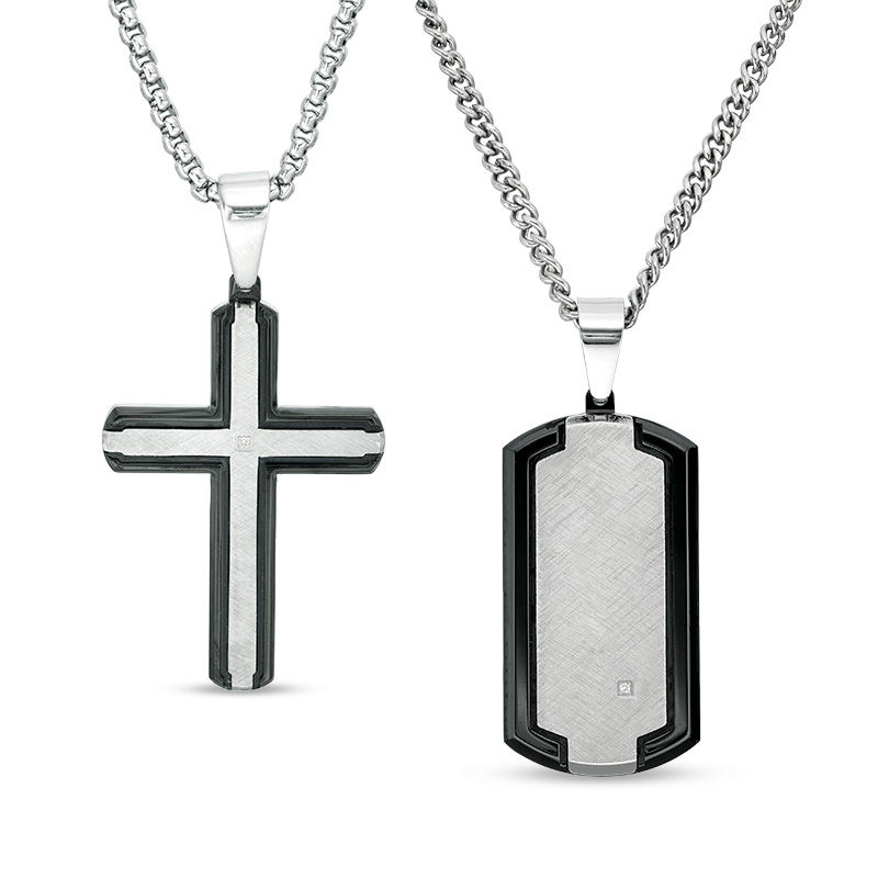 Main Image 1 of Men's Diamond Accent Dog Tag and Cross Pendant Set in Stainless Steel and Black IP - 20" and 24"