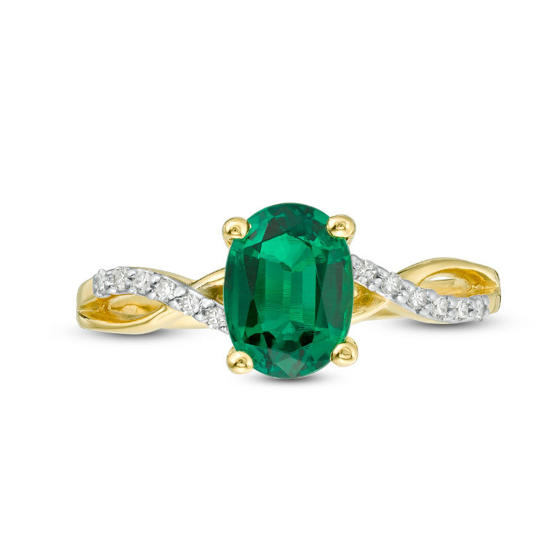 Main Image 4 of Oval Lab-Created Emerald and 1/20 CT. T.W. Diamond Twist Shank Ring in 10K Gold