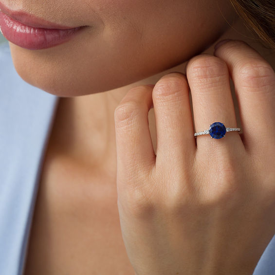 7.0mm Lab-Created Blue Sapphire and 1/8 CT. T.w. Diamond Engagement Ring in 10K White Gold