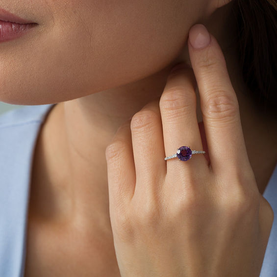 7.0mm Amethyst and 1/8 CT. T.w. Diamond Engagement Ring in 10K White Gold