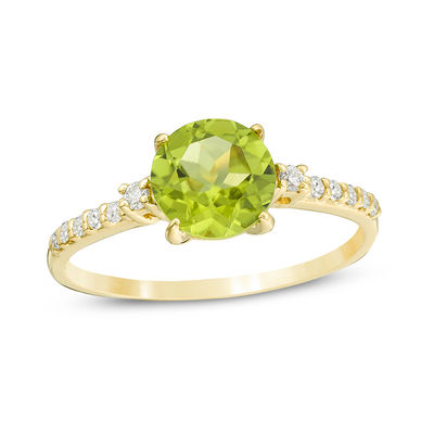 August Birthstone 1.9 ct tw Natural Green Peridot & Diamond Solid 14k Yellow Gold Engagement Ring for Women 9 mm 
