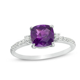 7.0mm Cushion-Shaped Amethyst and 1/8 CT. T.W. Diamond Engagement Ring in 10K White Gold