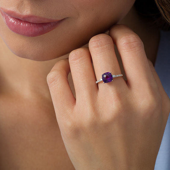 7.0mm Cushion-Shaped Amethyst and 1/8 CT. T.w. Diamond Engagement Ring in 10K White Gold