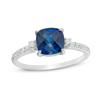 10K White Gold Dazzlingrock Collection 6 MM Cushion Lab Created Gemstone with Round Blue Sapphire & Diamond Ladies Engagement Ring