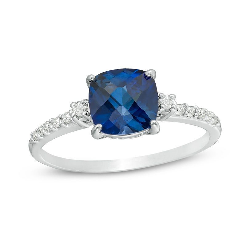 7.0mm Cushion-Cut Lab-Created Blue Sapphire and 1/8 CT. T.W. Diamond Engagement Ring in 10K White Gold