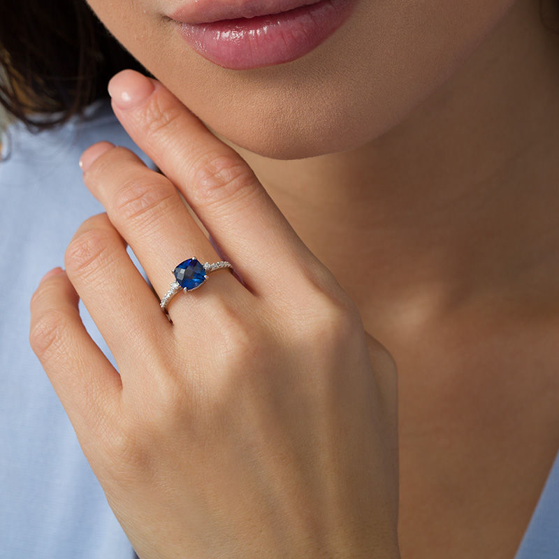 7.0mm Cushion-Cut Lab-Created Blue Sapphire and 1/8 CT. T.W. Diamond Engagement Ring in 10K White Gold