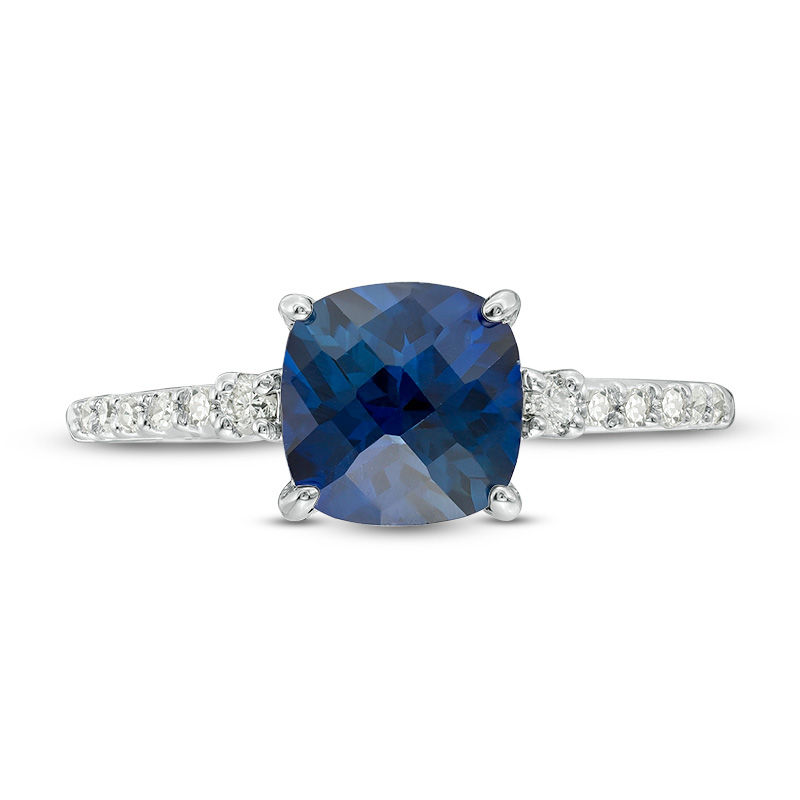 7.0mm Cushion-Cut Lab-Created Blue Sapphire and 1/8 CT. T.W. Diamond Engagement Ring in 10K White Gold