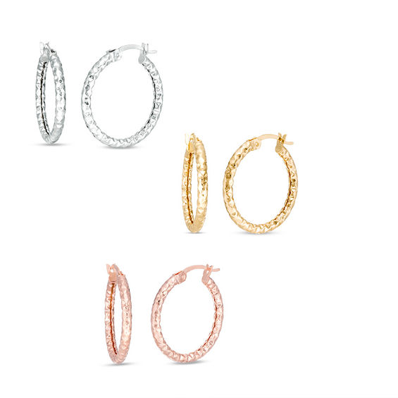 Diamond-Cut Three Pair Hoop Earrings Set in 10K White, Yellow or Rose Gold