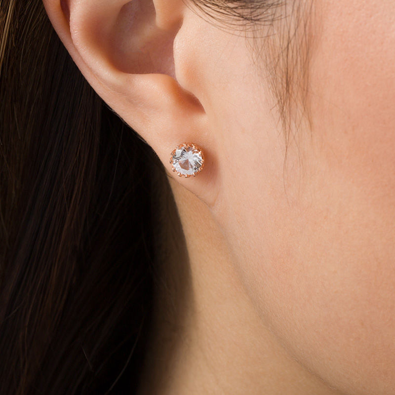 6.0mm Lab-Created White Sapphire Solitaire Beaded Crown Stud Earrings in Sterling Silver with 14K Rose Gold Plate