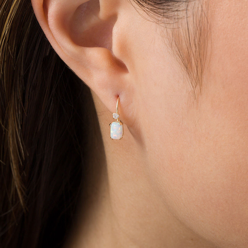 Main Image 2 of Emerald-Cut Lab-Created Opal and White Zircon Drop Earrings in 10K Gold