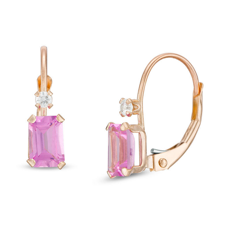 Main Image 1 of Emerald-Cut Lab-Created Pink Sapphire and White Zircon Drop Earrings in 10K Gold