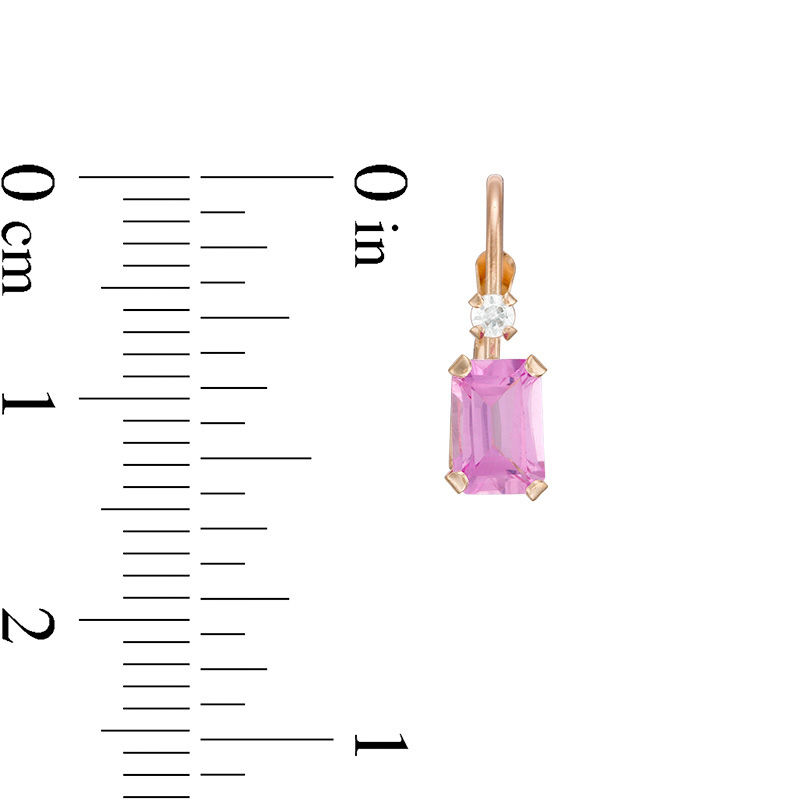 Main Image 3 of Emerald-Cut Lab-Created Pink Sapphire and White Zircon Drop Earrings in 10K Gold