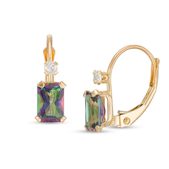 Emerald-Cut Mystic Fire® Topaz and White Zircon Drop Earrings in 10K Gold