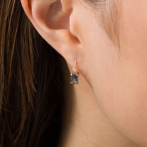 Emerald-Cut Mystic Fire® Topaz and White Zircon Drop Earrings in 10K Gold
