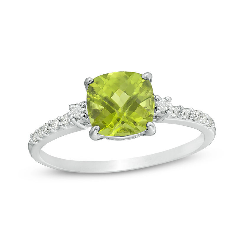 7.0mm Cushion-Cut Peridot and 1/8 CT. T.W. Diamond Engagement Ring in 10K White Gold