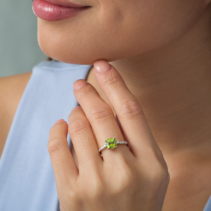 7.0mm Cushion-Cut Peridot and 1/8 CT. T.W. Diamond Engagement Ring in 10K White Gold