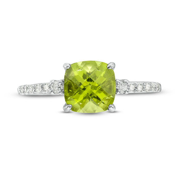 7.0mm Cushion-Shaped Peridot and 1/8 CT. T.w. Diamond Engagement Ring in 10K White Gold
