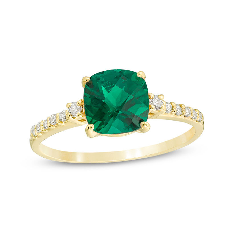 7.0mm Cushion-Cut Lab-Created Emerald and 1/8 CT. T.W. Diamond Engagement Ring in 10K Gold