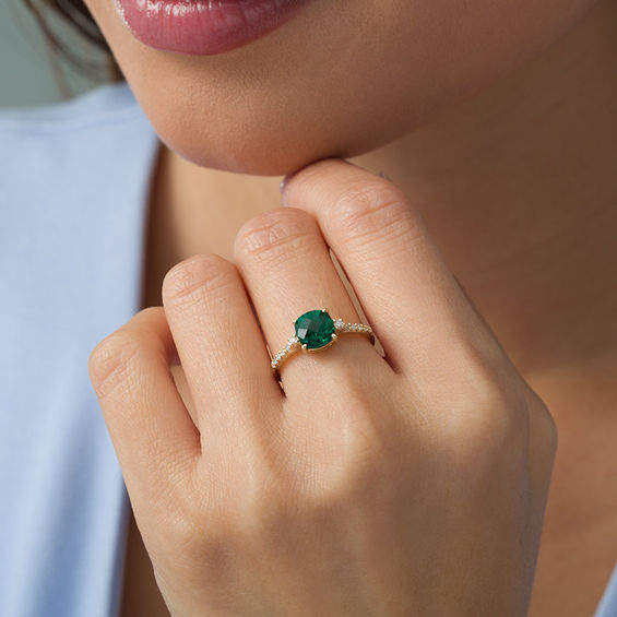 7.0mm Cushion-Shaped Lab-Created Emerald and 1/8 CT. T.w. Diamond Engagement Ring in 10K Gold