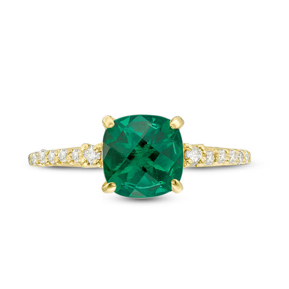 7.0mm Cushion-Shaped Lab-Created Emerald and 1/8 CT. T.w. Diamond Engagement Ring in 10K Gold