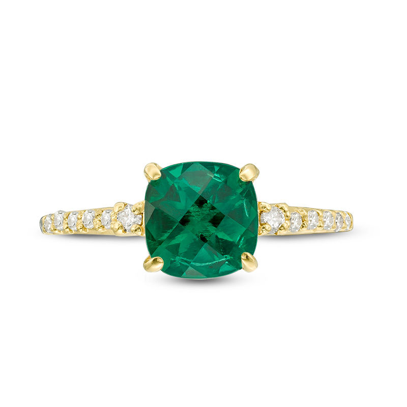 7.0mm Cushion-Cut Lab-Created Emerald and 1/8 CT. T.W. Diamond Engagement Ring in 10K Gold