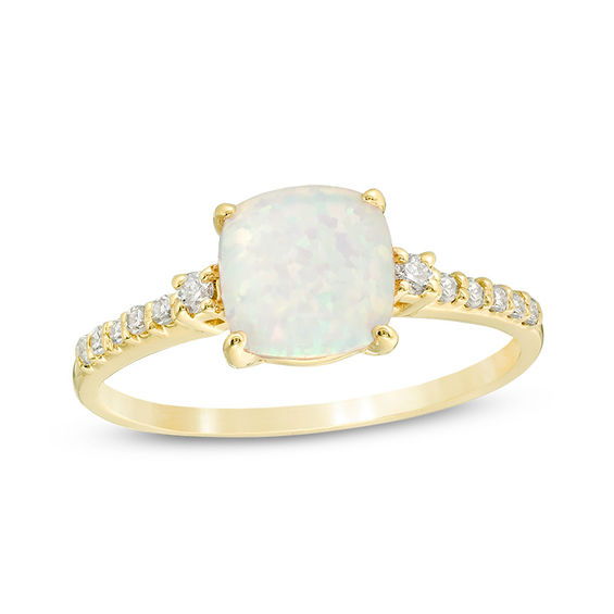 7.0mm Cushion-Shaped Lab-Created Opal and 1/8 CT. T.w. Diamond Engagement Ring in 10K Gold