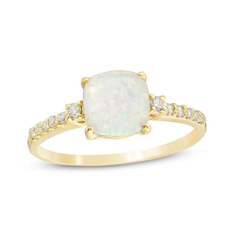 7.0mm Cushion-Cut Lab-Created Opal and 1/8 CT. T.W. Diamond Engagement Ring in 10K Gold