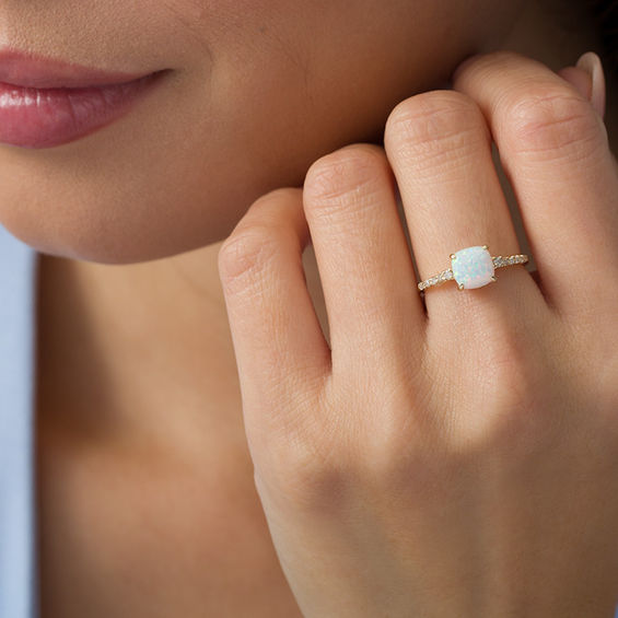 7.0mm Cushion-Shaped Lab-Created Opal and 1/8 CT. T.w. Diamond Engagement Ring in 10K Gold