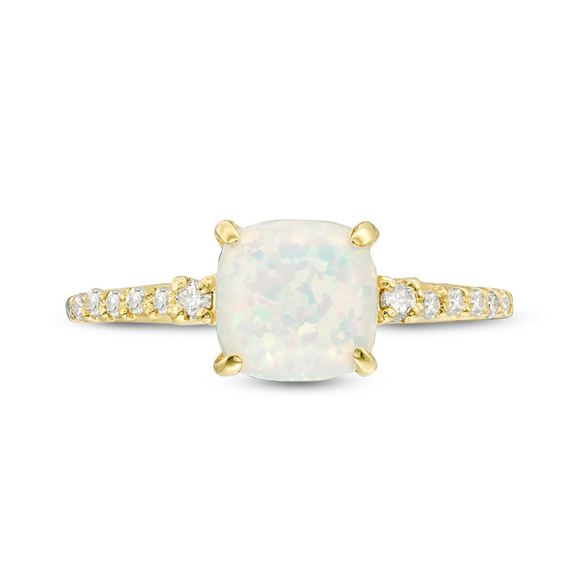 7.0mm Cushion-Cut Lab-Created Opal and 1/8 CT. T.W. Diamond Engagement Ring in 10K Gold