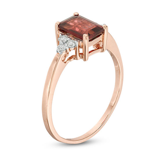 Emerald-Cut Garnet and 1/8 CT. T.w. Diamond Tri-Sides Engagement Ring in 10K Rose Gold