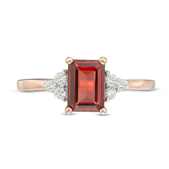 Emerald-Cut Garnet and 1/8 CT. T.w. Diamond Tri-Sides Engagement Ring in 10K Rose Gold