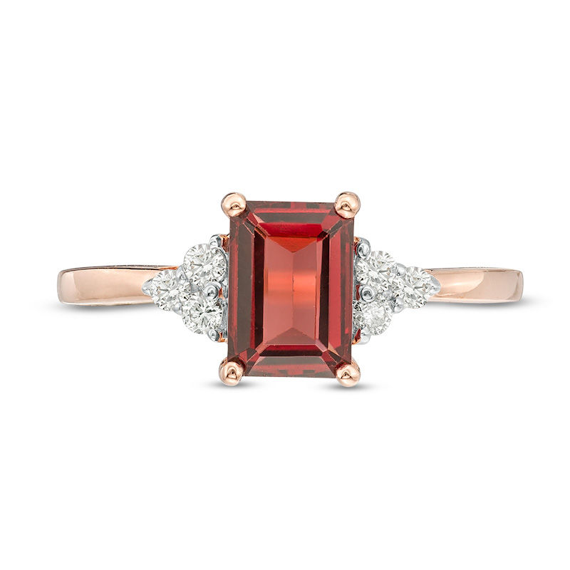 Emerald-Cut Garnet and 1/8 CT. T.W. Diamond Tri-Sides Engagement Ring in 10K Rose Gold