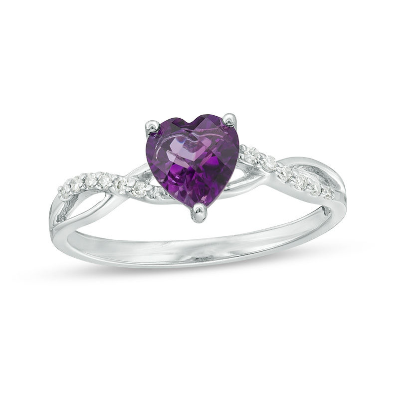 Main Image 1 of 6.0mm Heart-Shaped Amethyst and 1/20 CT. T.W. Diamond Twist Shank Ring in 10K White Gold