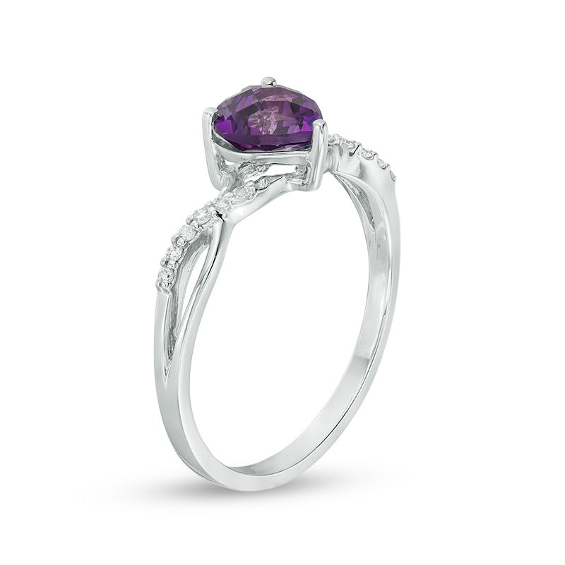 Main Image 3 of 6.0mm Heart-Shaped Amethyst and 1/20 CT. T.W. Diamond Twist Shank Ring in 10K White Gold