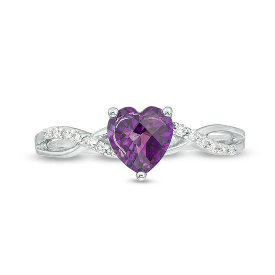 6.0mm Heart-Shaped Amethyst and 1/20 CT. T.w. Diamond Twist Shank Ring in 10K White Gold