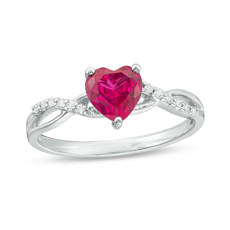 6.0mm Heart-Shaped Lab-Created Ruby and 1/20 CT. T.W. Diamond Twist Shank Ring in 10K White Gold