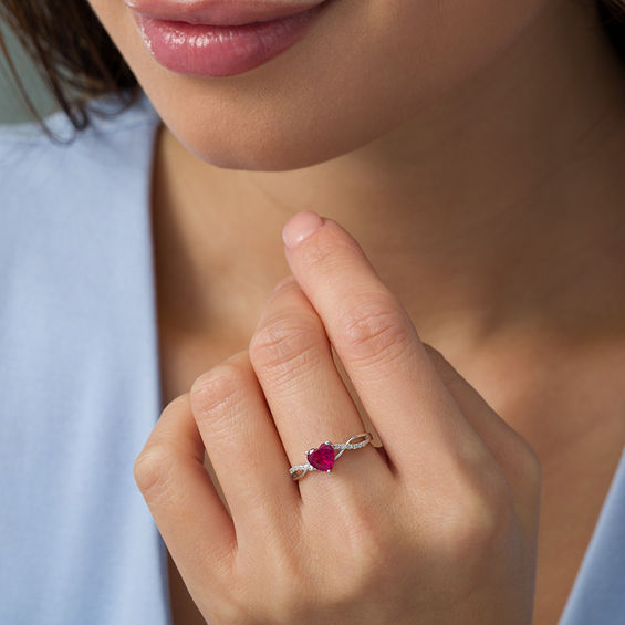 6.0mm Heart-Shaped Lab-Created Ruby and 1/20 CT. T.w. Diamond Twist Shank Ring in 10K White Gold