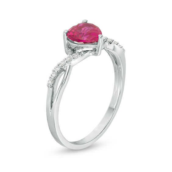 6.0mm Heart-Shaped Lab-Created Ruby and 1/20 CT. T.w. Diamond Twist Shank Ring in 10K White Gold