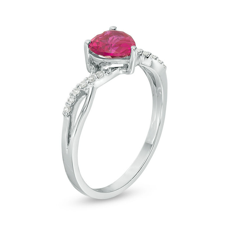 6.0mm Heart-Shaped Lab-Created Ruby and 1/20 CT. T.W. Diamond Twist Shank Ring in 10K White Gold