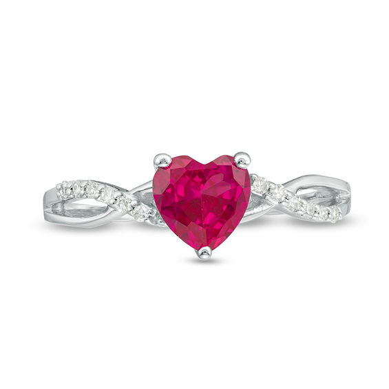 6.0mm Heart-Shaped Lab-Created Ruby and 1/20 CT. T.w. Diamond Twist Shank Ring in 10K White Gold