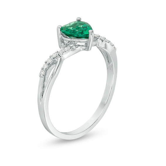 6.0mm Heart-Shaped Lab-Created Emerald and 1/20 CT. T.w. Diamond Twist Shank Ring in 10K White Gold