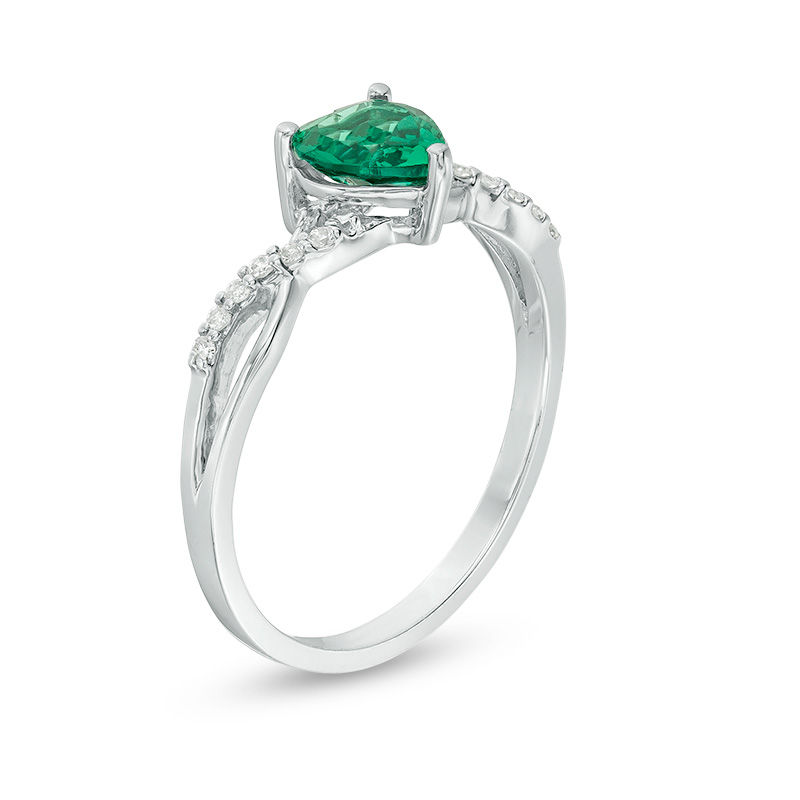 6.0mm Heart-Shaped Lab-Created Emerald and 1/20 CT. T.W. Diamond Twist Shank Ring in 10K White Gold