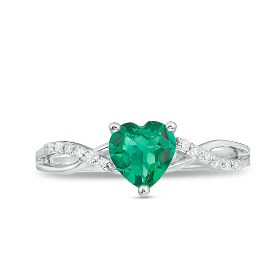 6.0mm Heart-Shaped Lab-Created Emerald and 1/20 CT. T.w. Diamond Twist Shank Ring in 10K White Gold