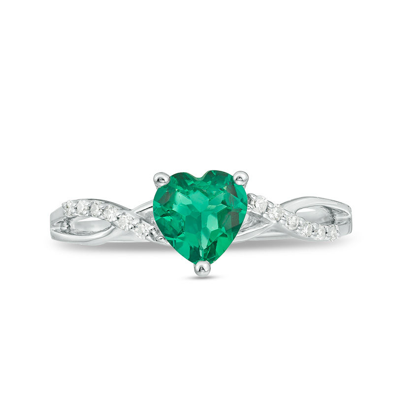 6.0mm Heart-Shaped Lab-Created Emerald and 1/20 CT. T.W. Diamond Twist Shank Ring in 10K White Gold