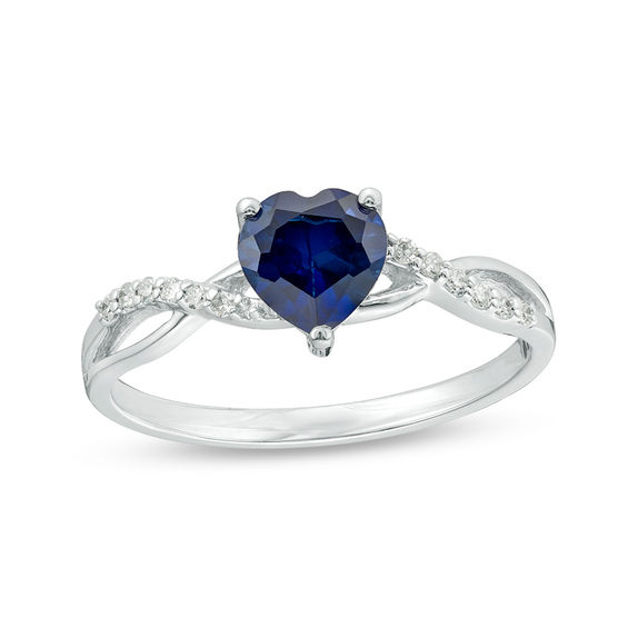 6.0mm Heart-Shaped Lab-Created Blue Sapphire and 1/20 CT. T.w. Diamond Twist Shank Ring in 10K White Gold